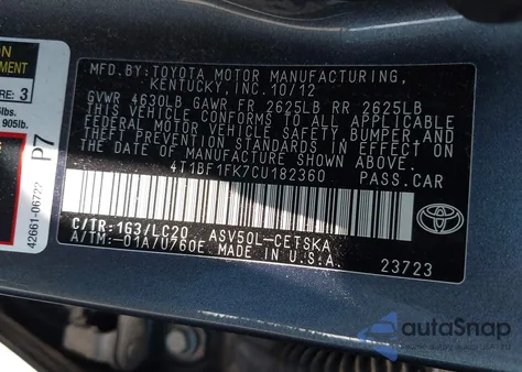 2012 Toyota Camry Se z USA, uszkodzony, nr VIN 4T1BF1FK7CU182360